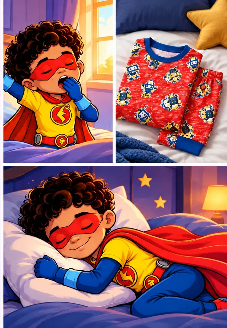 Tres viñetas de cómic de Tin preparándose para dormir y descansando