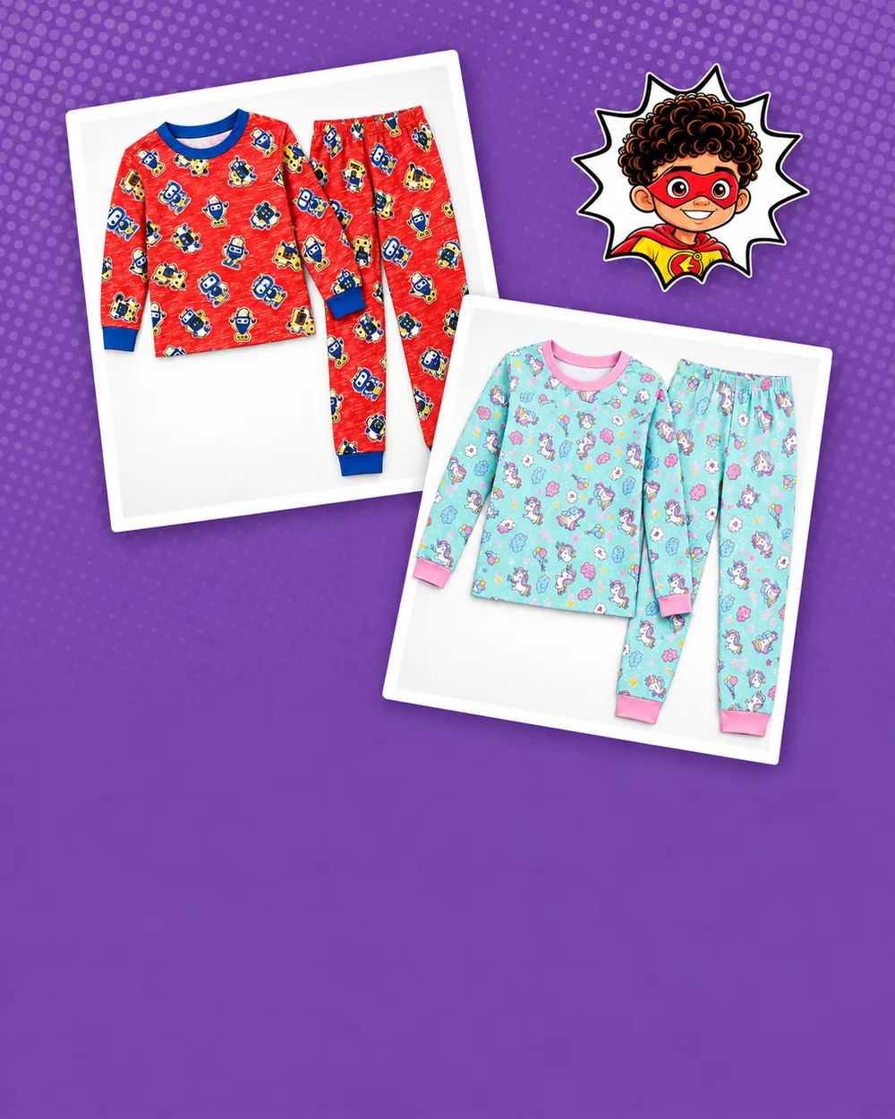 Collage de pijamas de niño con robots y niña con unicornios, junto al sello de Tin sobre fondo morado.